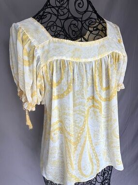 Yellow Paisley Peasant Blouse Boho Semi-Sheer Tassel Tie Top Size M